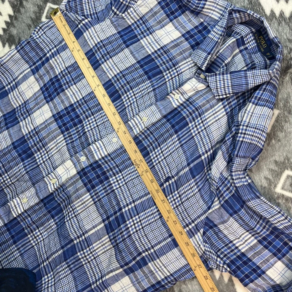Polo Ralph Lauren Mens 2XB Blue White Plaid 100%Linen Button Down Shirt Big Tall